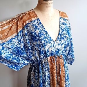 Free People Blue and Gold Caftan Maxi Dress M